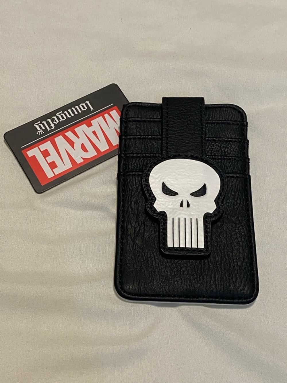 NWT Loungefly Marvel Black Phone Card Sleeve with White Punisher Skull